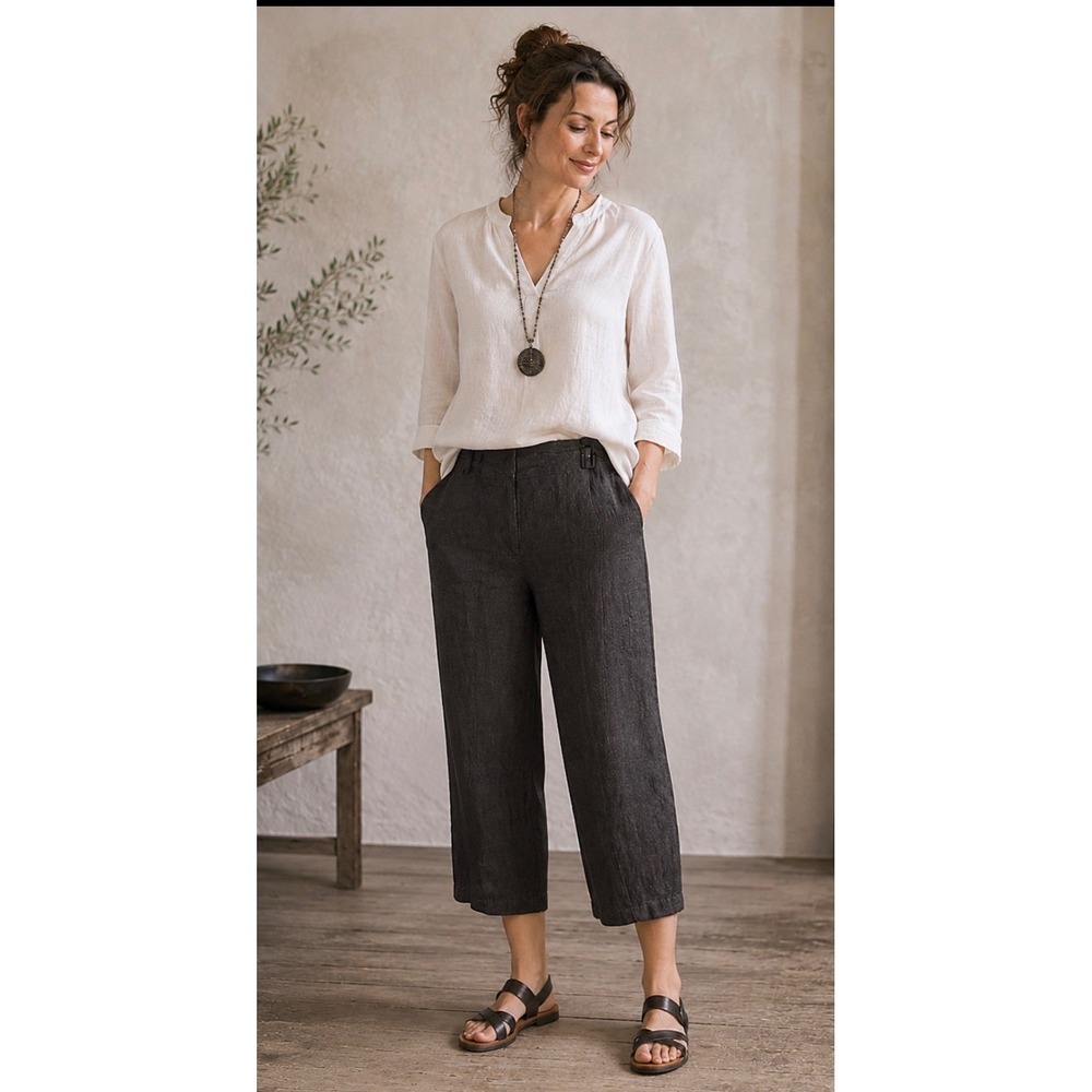 Poetry 100% Linen lantern Crop Pants Charcoal Gray Lagenlook US 12 minimalist